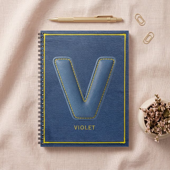 Navy Denim Yellow Stitch Faux Leather V Initial Notebook (Creator Uploaded)