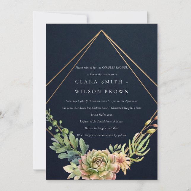 NAVY DESERT SUCCULENT CACTI FOLIAGE COUPLE SHOWER INVITATION (Front)