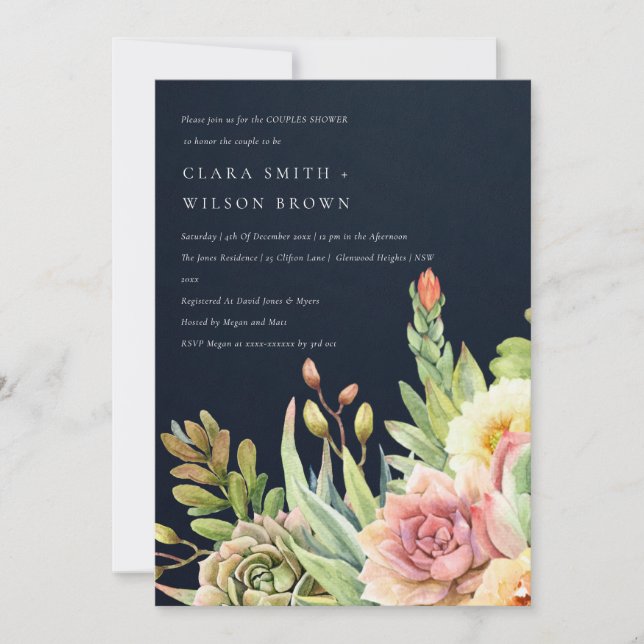 NAVY DESERT SUCCULENT CACTI FOLIAGE COUPLE SHOWER INVITATION (Front)