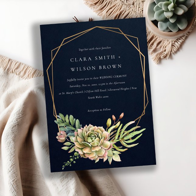 NAVY DESERT SUCCULENT CACTI FOLIAGE FRAME WEDDING INVITATION (Creator Uploaded)