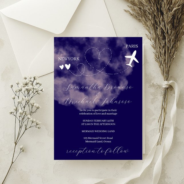 Navy Destination plane flight abroad wedding Invitation (Creator Uploaded)