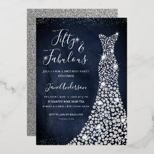 Navy Diamond Dress 50 & Fabulous Birthday Foil Invitation