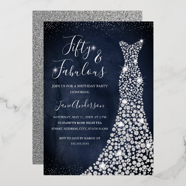  Navy Diamond Dress 50 & Fabulous Birthday Foil Invitation (Front/Back)