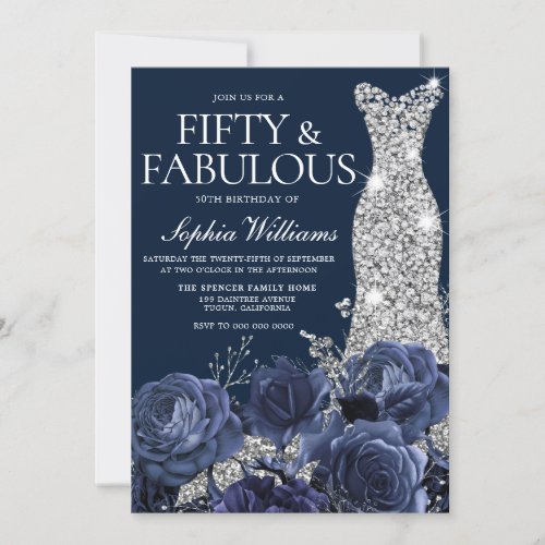 Navy Diamond Dress Fifty  Fabulous 50th Birthday Invitation