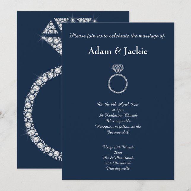Navy Diamond RING ELEGANT WEDDING Invitation (Front/Back)