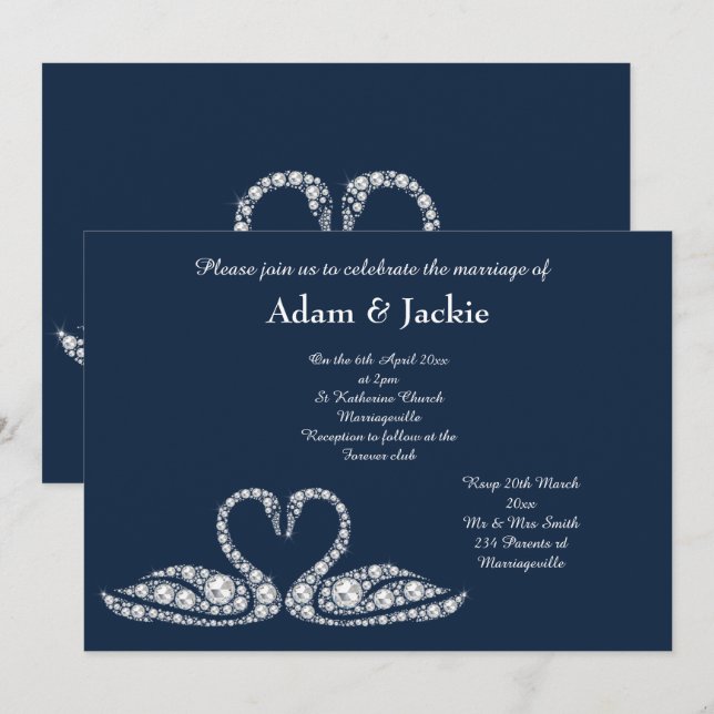 Navy Diamond SWAN  ELEGANT WEDDING Invitation (Front/Back)