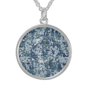 Navy  Digital Camo Camouflage Decor Sterling Silver Necklace