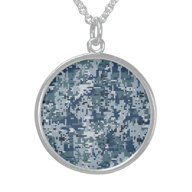 Navy  Digital Camo Camouflage Decor Sterling Silver Necklace (Front)