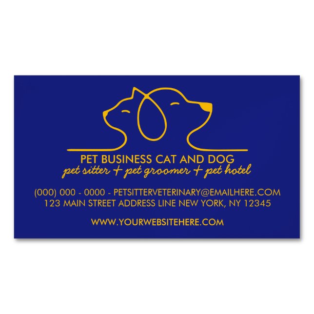 Navy Dog Cat Simple Line Logo Veterinary Pet Business Card Magnet (Front)