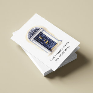 Navy Door Watercolor QR Code Real Estate Agent Business Card