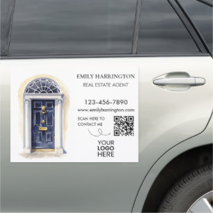 Navy Door Watercolor QR Code Real Estate Agent Car Magnet