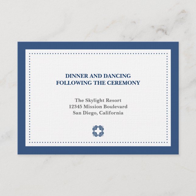 Navy dotted border wedding reception enclosure card (Front)