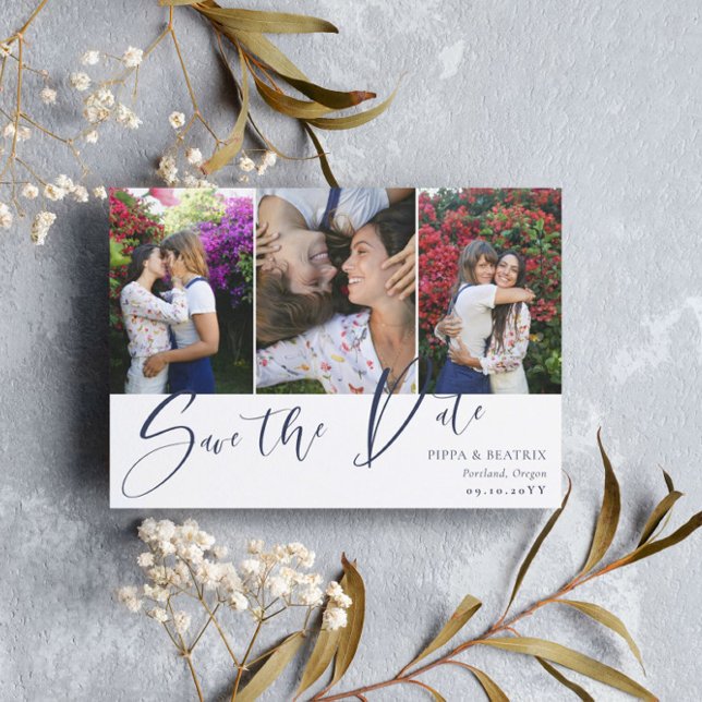 Navy Double Sided Photos Wedding Save the Date (Creator Uploaded)