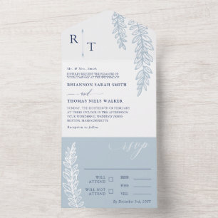 Navy & Dove Blue Greenery Monogrammed Wedding All In One Invitation