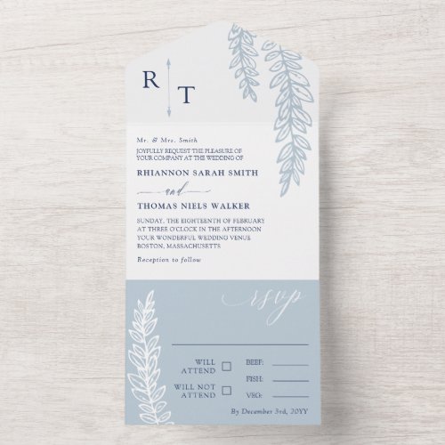 Navy  Dove Blue Greenery Monogrammed Wedding All In One Invitation