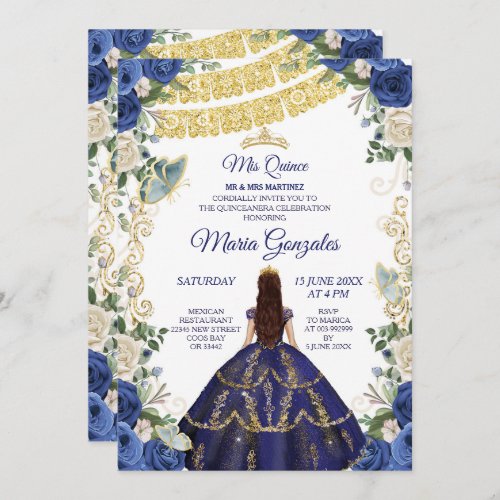 Navy Dress and Roses Mexican Girl 15th Birthday 1 Invitation