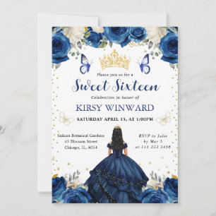 Navy Dress Black Hair Princess Sweet 16 Invitation