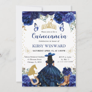 Navy Dress Black Hair Salon Princess Quinceanera Invitation