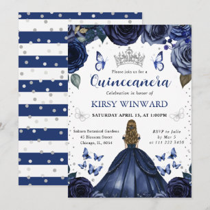 Navy Dress Blonde Hair Princess Quinceanera Invitation