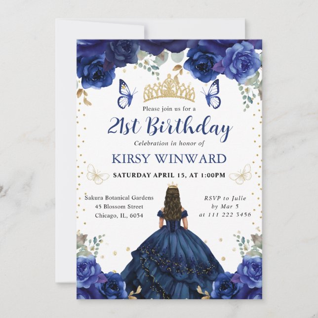 Navy Dress Brunette Hair Princess Birthday Invitation (Front)