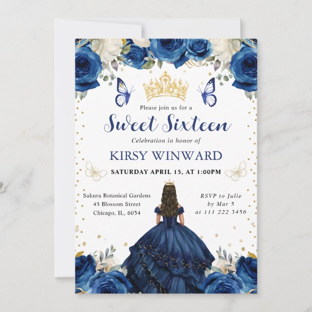 Navy Dress Brunette Princess Sweet 16 Invitation (Front)