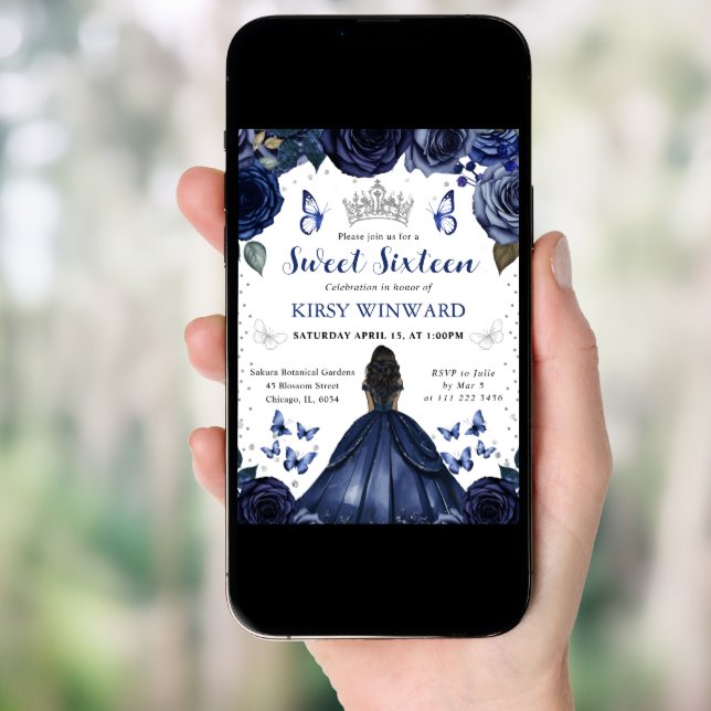 Navy Dress Dark Skin Princess Sweet 16 Invitation (Front Digital)
