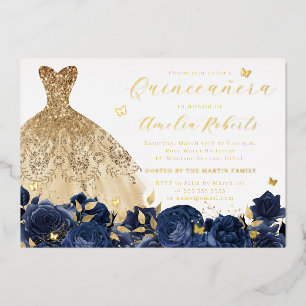 Navy Dress Gold Butterfly Elegant Floral Foil Invitation