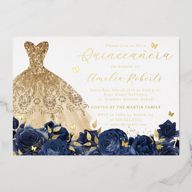 Navy Dress Gold Butterfly Elegant Floral Foil Invitation (Front)