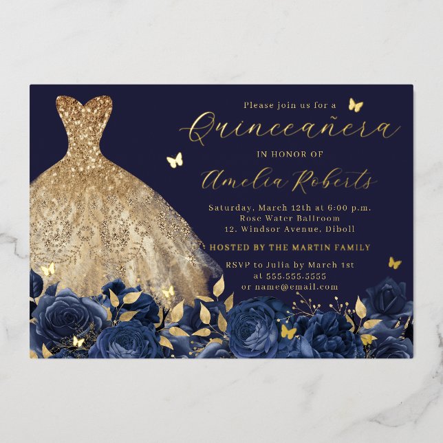 Navy Dress Gold Butterfly Floral Foil Invitation (Front)