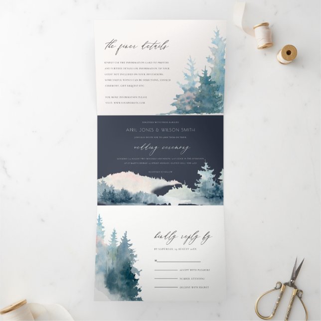 NAVY DUSKY BLUE MOUNTAINS PINE WATERCOLOR WEDDING Tri-Fold INVITATION (Inside)