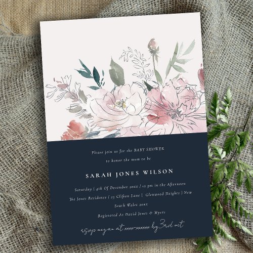 Navy Dusky Blush Watercolor Floral Baby Shower Invitation