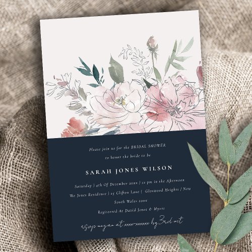 Navy Dusky Blush Watercolor Floral Bridal Shower Invitation