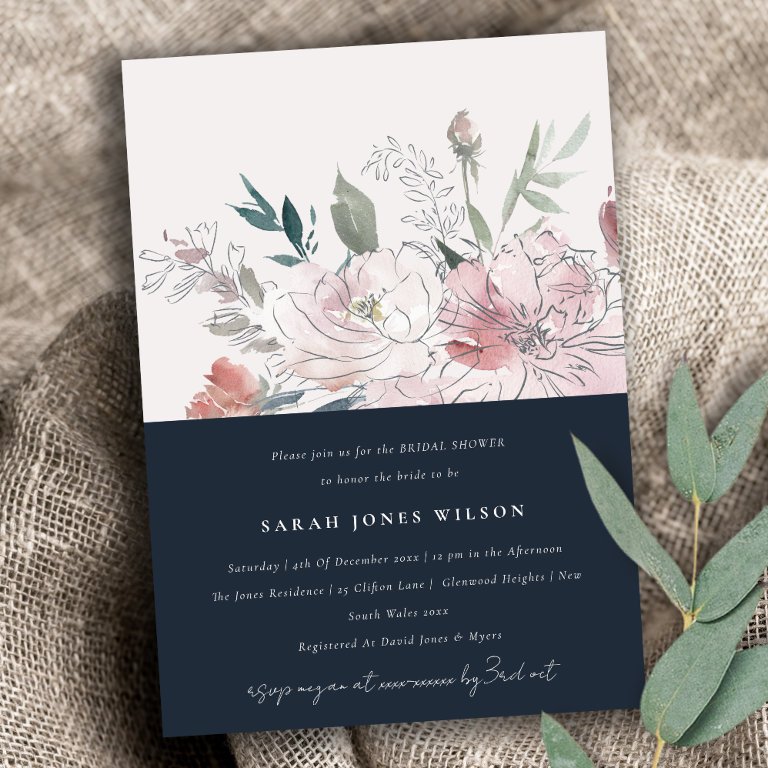 Navy Dusky Blush Watercolor Floral Bridal Shower                    Invitation