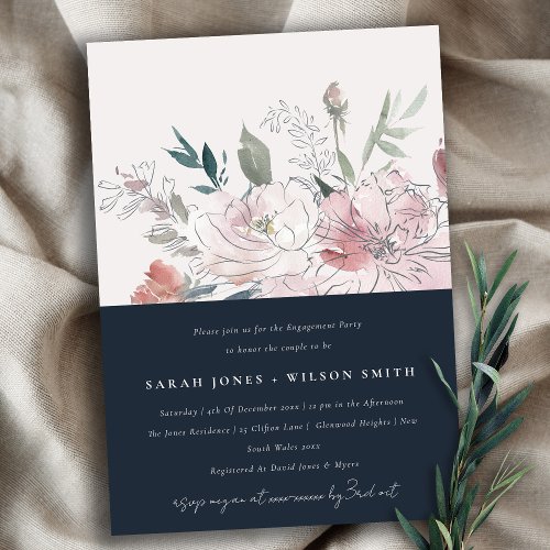 Navy Dusky Blush Watercolor Floral Engagement Invitation
