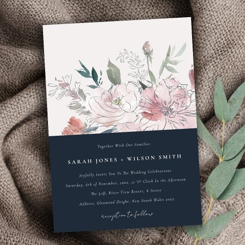 Navy Dusky Blush Watercolor Floral Wedding Invitation