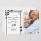 Navy, Dusty Blue & Blush Floral Photo Wedding Invitation (Front)