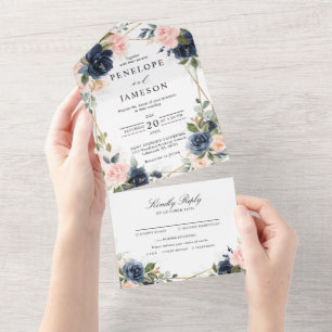 Navy Dusty Blue Blush Geometric Wedding All In One Invitation