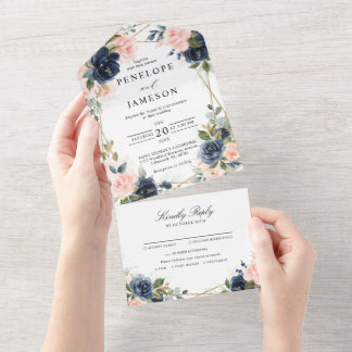 Navy Dusty Blue Blush Geometric Wedding All In One Invitation