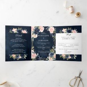 Navy Dusty Blue  Blush Geometric Wedding Tri-Fold  Program