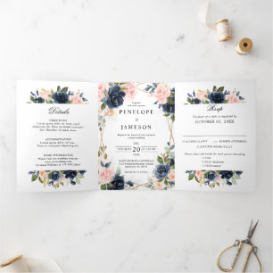 Navy Dusty Blue Blush Geometric Wedding Tri-Fold Program