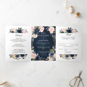 Navy Dusty Blue  Blush Geometric Wedding Tri-Fold  Program
