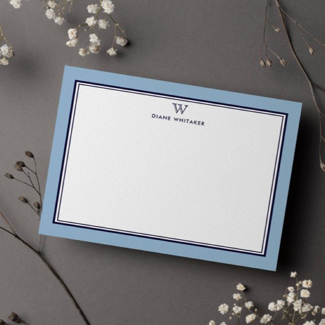 NAVY & DUSTY BLUE Classic Monogram Double Frame Note Card (Creator Uploaded)