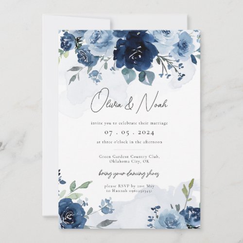 Navy Dusty Blue Elegant Floral Pastel Wedding  Invitation