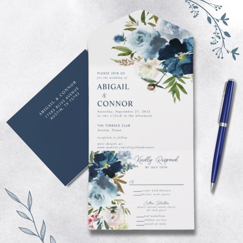 Navy  Dusty Blue Elegant Floral Watercolor All In One Invitation