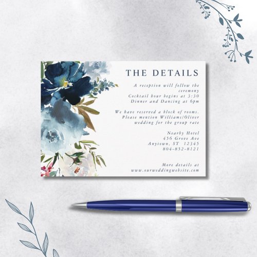 Navy  Dusty Blue Elegant Floral Watercolor Enclosure Card