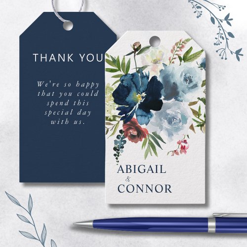 Navy  Dusty Blue Elegant Floral Watercolor Gift Tags
