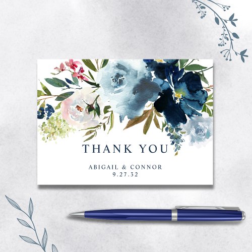 Navy  Dusty Blue Elegant Floral Watercolor Thank You Card