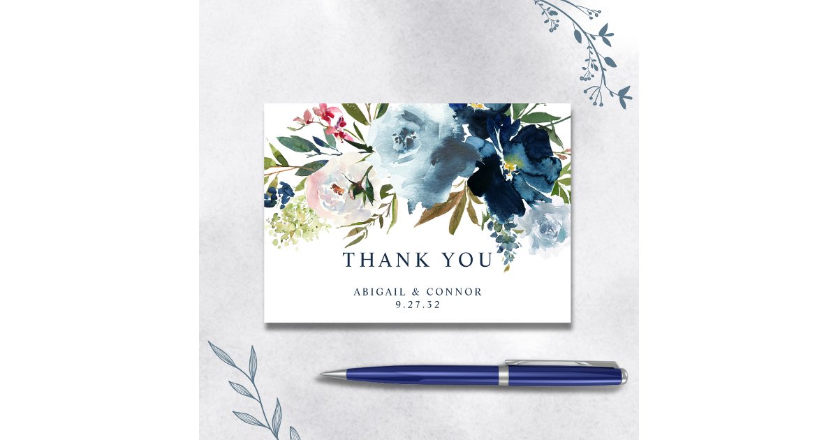 Navy & Dusty Blue Elegant Floral Watercolor Thank You Card | Zazzle