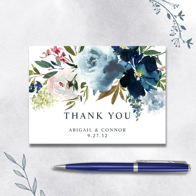 Navy & Dusty Blue Elegant Floral Watercolor Thank You Card | Zazzle