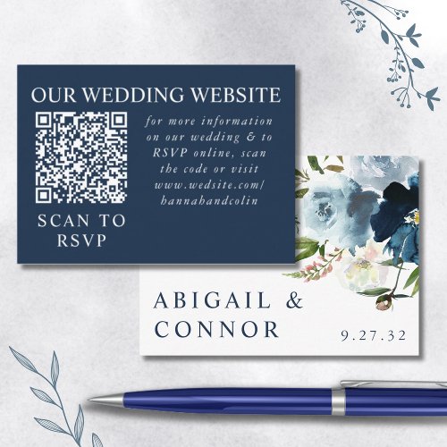 Navy  Dusty Blue Elegant Floral Watercolor Web QR Enclosure Card